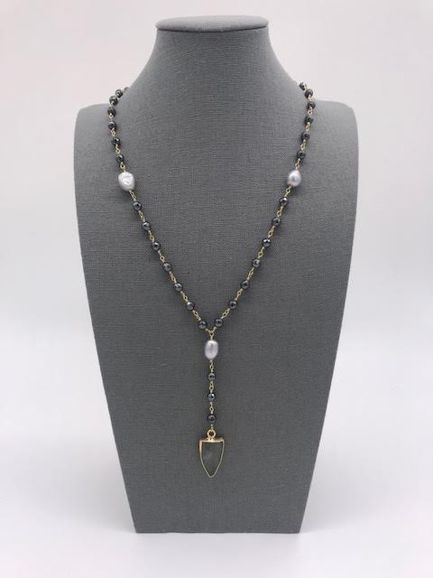 Labradorite, Gray Pearl, and Hematite Arrow Head Necklace