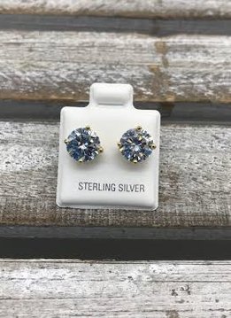 Sterling Silver Yellow Gold Plated Cubic Zirconia Stud 8mm Earrings