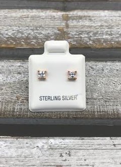 Sterling Silver Rose Gold Plated Square Cubic Zirconia 3mm Stud Earrings