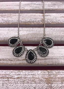 Silver with Black Tear Drop Crystals Statement Necklace