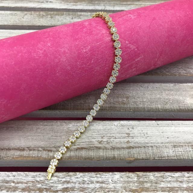 Italian Sterling Silver Gold Plated and Flower Cubic Zirconia Tennis Bracelet