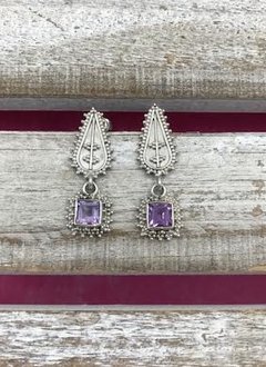 Italian Sterling Silver Tear Dropped Stud with Dangling Square Amethyst Earrings