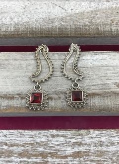 Italian Sterling Silver Unique Deco Dangle Earring with Square Garnet