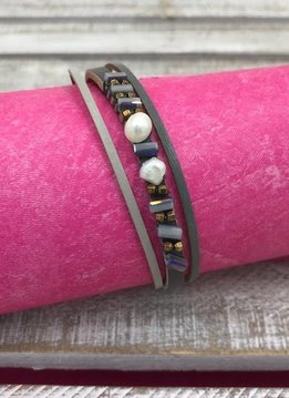 Thin Gray Wrap Bracelet with Pearls
