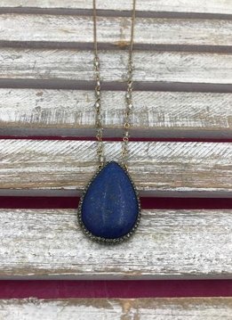 Antiqued Gold Long Necklace with a Blue Tear Drop Pendant
