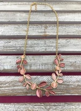Gold Necklace with Pink Leaves