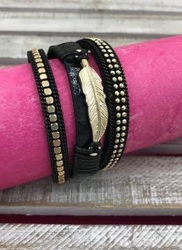 Black Wrap Bracelet with Gold Feather