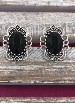 Silver and Black Stone Clip On Earrings