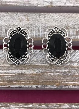 Silver and Black Stone Clip On Earrings