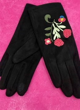 Black Faux Suede Gloves with Embroidery