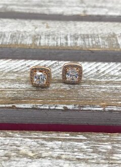 Clear Cubic Zirconia Rose Gold Square Stud Earrings