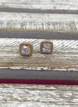 Clear Cubic Zirconia Rose Gold Square Stud Earrings