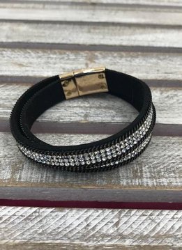 Black and Clear Rhinestone Wrap Bracelet with Gold Magnetic Closure