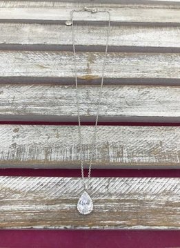 Silver Cubic Zirconia Teardrop Halo Necklace