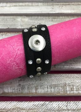 Black Leather Snap Bracelet with Rhinestones and Studs