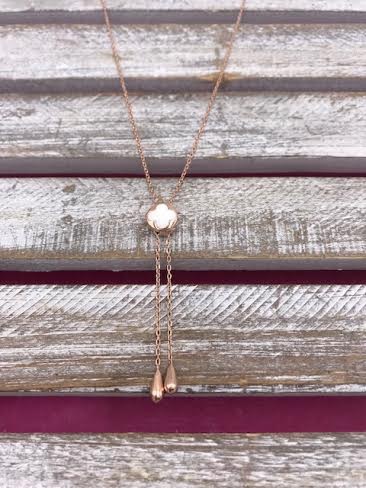 Italian Sterling Silver Rose Gold Plated White Flower Lariat Adjustable Necklace