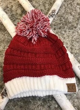 Red and White Winter Beanie with Pom