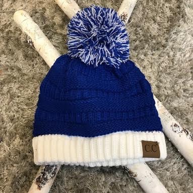 Blue and White Winter Beanie with Pom