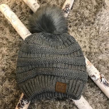Light Melange Grey Knit Winter Hat with Color Matched Pom