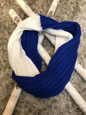 Blue and White Knit Winter Infinity Scarf