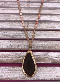 Pink Beaded Long Necklace with a Brown Stone Pendant