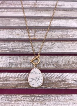 Long Gold Necklace with White Marble Stone Pendant
