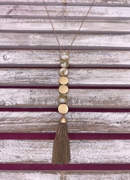 Gold Long Necklace with Circle Charms and a Chained Tassel