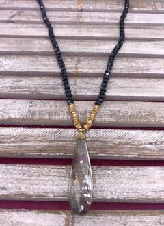 Dark Blue Beaded Long Necklace with Crystal Stone