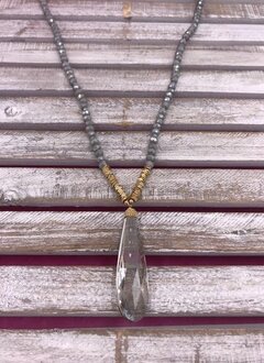 Gray Beaded Long Necklace with Crystal Stone