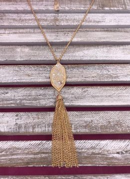 Long Gold Necklace with White Druzy and a Tassel