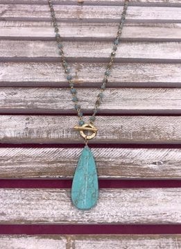 Long Turquoise Beaded Necklace with Turquoise Stone Pendant