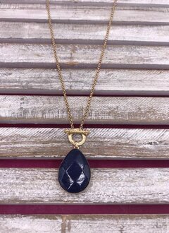 Long Gold Necklace with a Blue Stone Pendant