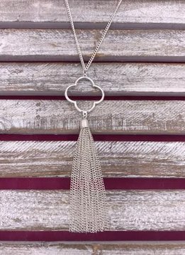 Long Silver Flower with Tassel Necklace