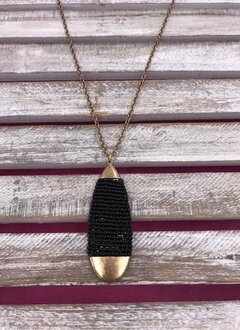 Gold Long Teardrop Black Beaded Necklace