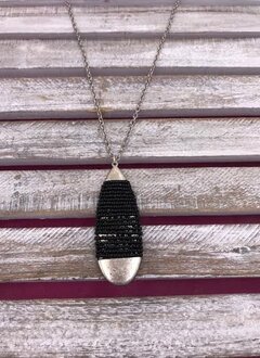 Silver Long Teardrop Black Beaded Necklace
