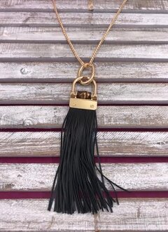 Gold Long Necklace with Faux Leather Tassel