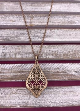 Long Gold Necklace with a Teardrop Shaped Intricate Pendant