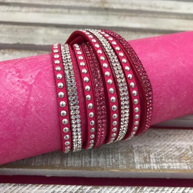Hot Pink Leather Wrap Bracelet with Rhinestones