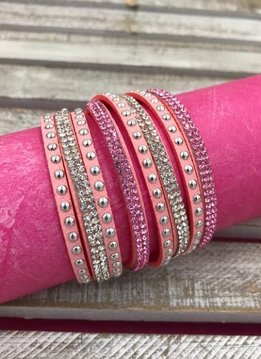 Light Pink Leather Wrap Bracelet with Rhinestones