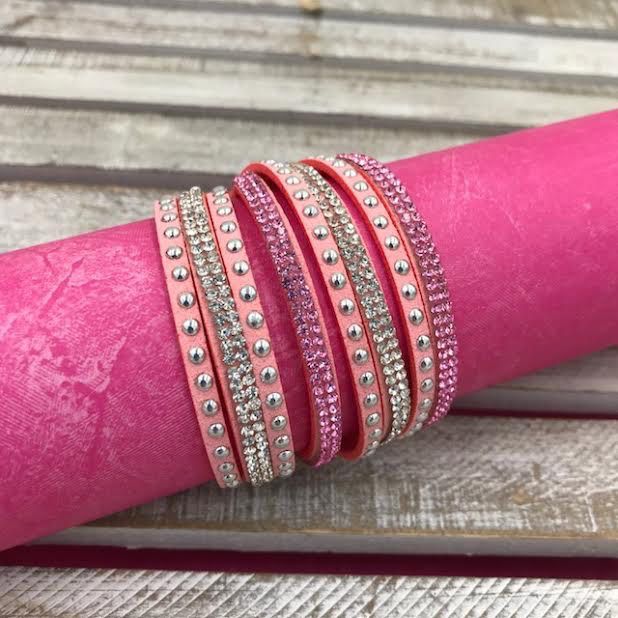 Light Pink Leather Wrap Bracelet with Rhinestones