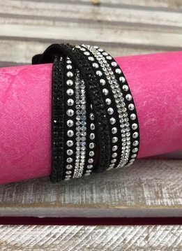 Black Leather Wrap Bracelet with Rhinestones