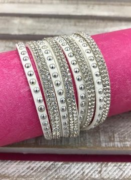 White Leather Wrap Bracelet with Rhinestones