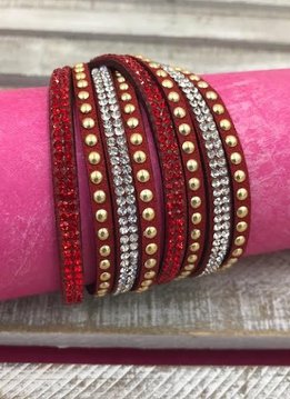 Red Leather Wrap Bracelet with Rhinestones
