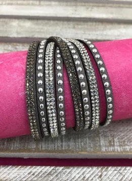 Grey Leather Wrap Bracelet with Rhinestones