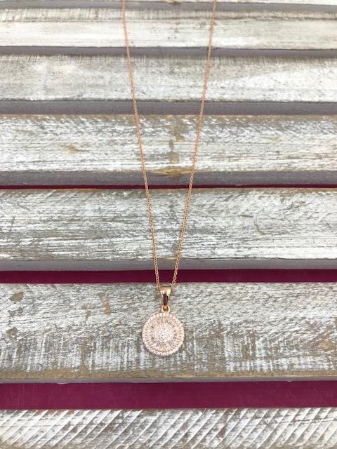 Italian Sterling Silver Rose Gold Round Crystal Pendant