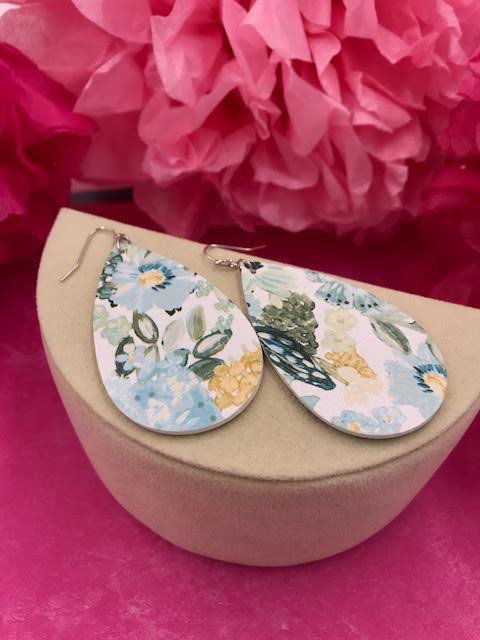 White Faux Leather with Blue Floral Design Earrings