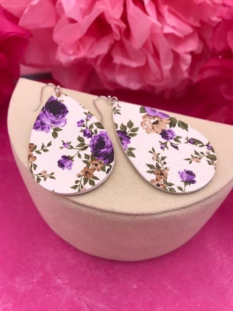 White Faux Leather with Purple Floral Design Earrings