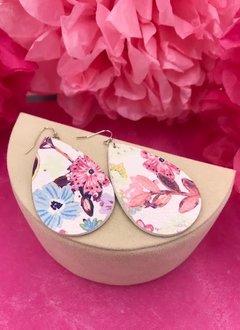 White Faux Leather with Pink Floral Design Earrings