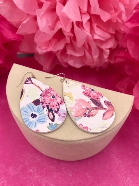 White Faux Leather with Pink Floral Design Earrings