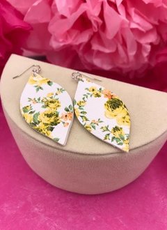 White Faux Leather Teardrop with Yellow Floral Design Earrings